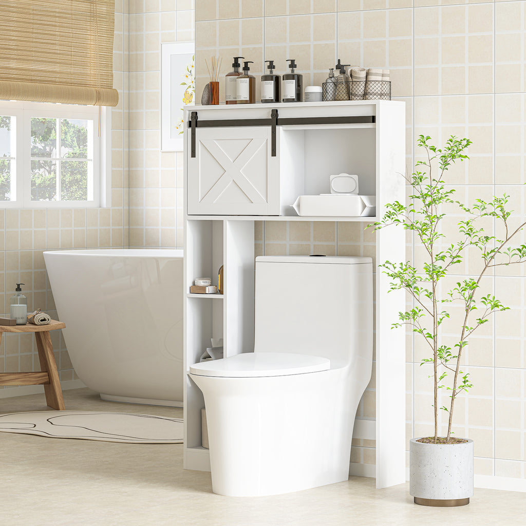 Meuble de rangement au-dessus des toilettes avec porte coulissante, Meuble étagère dessus WC, étagère réglable, blanc-9