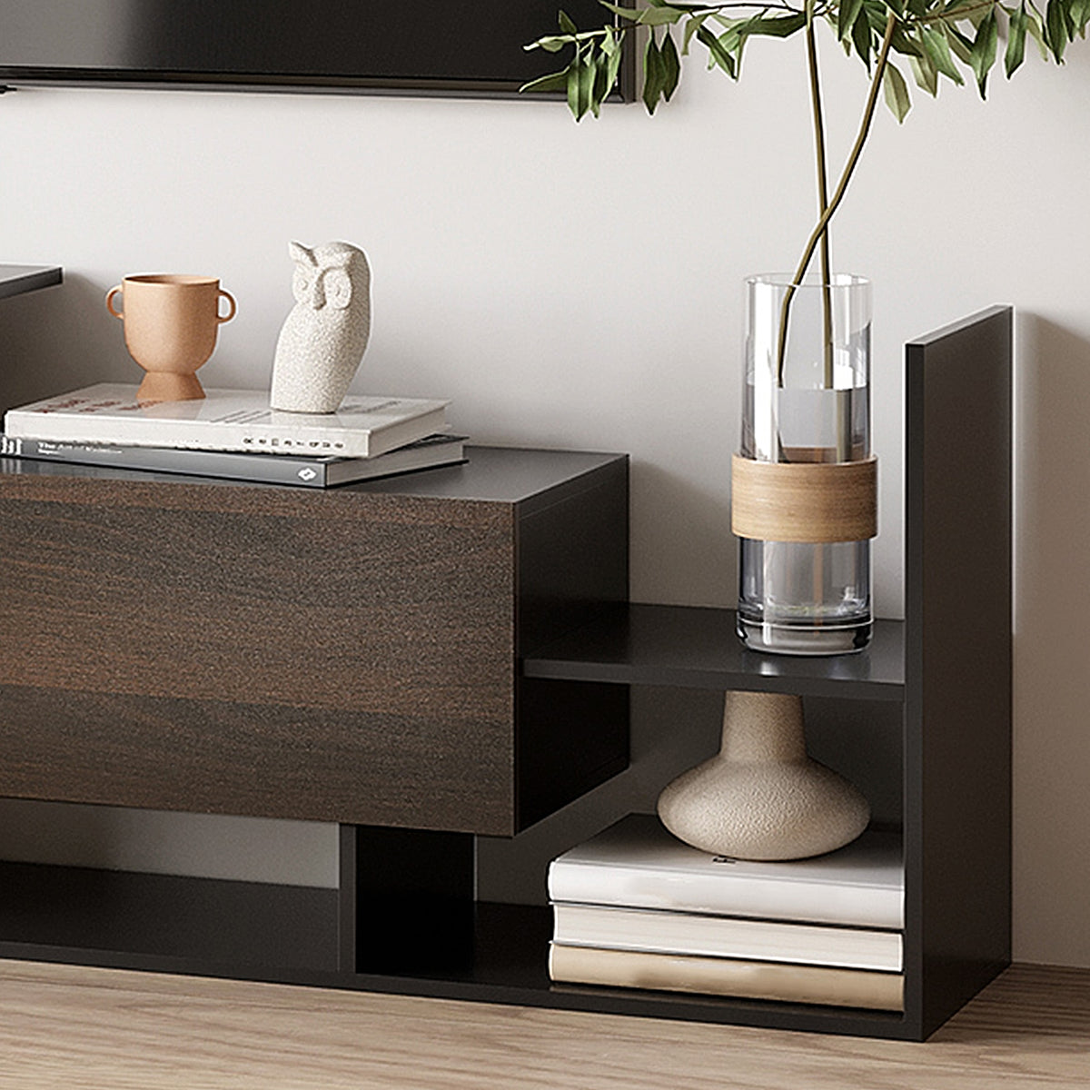 Ensemble meuble TV avec banc et étagère murale style contemporain 153,6L cm - noir-8