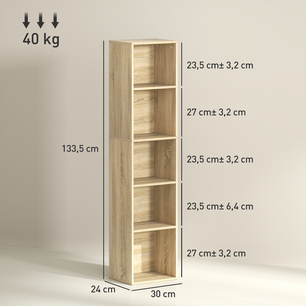 Bibliothèque étagère de rangement 5 niveaux avec étagères réglables pour salon, chambre, bureau, 30x24x133,5cm, naturel-2