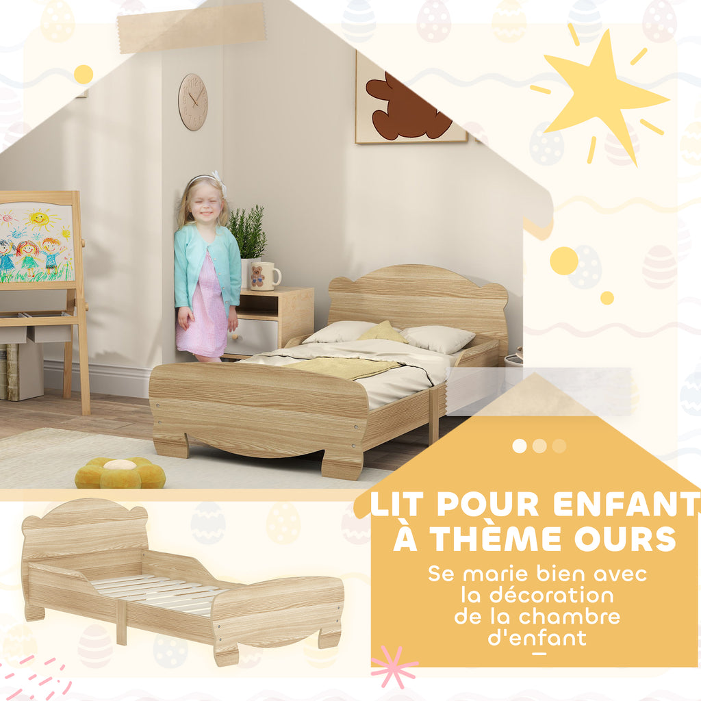 Lit enfant 70x140 cm avec barrières de sécurité thème d'ours pour garçons, filles, âgés de 3 à 6 ans, bois naturel-5