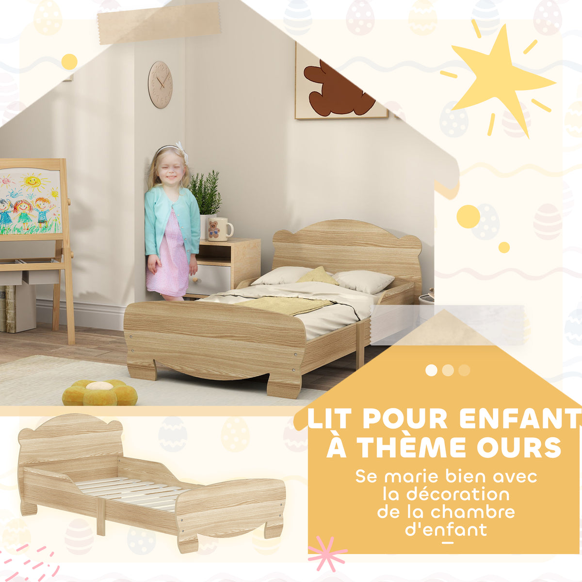 Lit enfant 70x140 cm avec barrières de sécurité thème d'ours pour garçons, filles, âgés de 3 à 6 ans, bois naturel-5