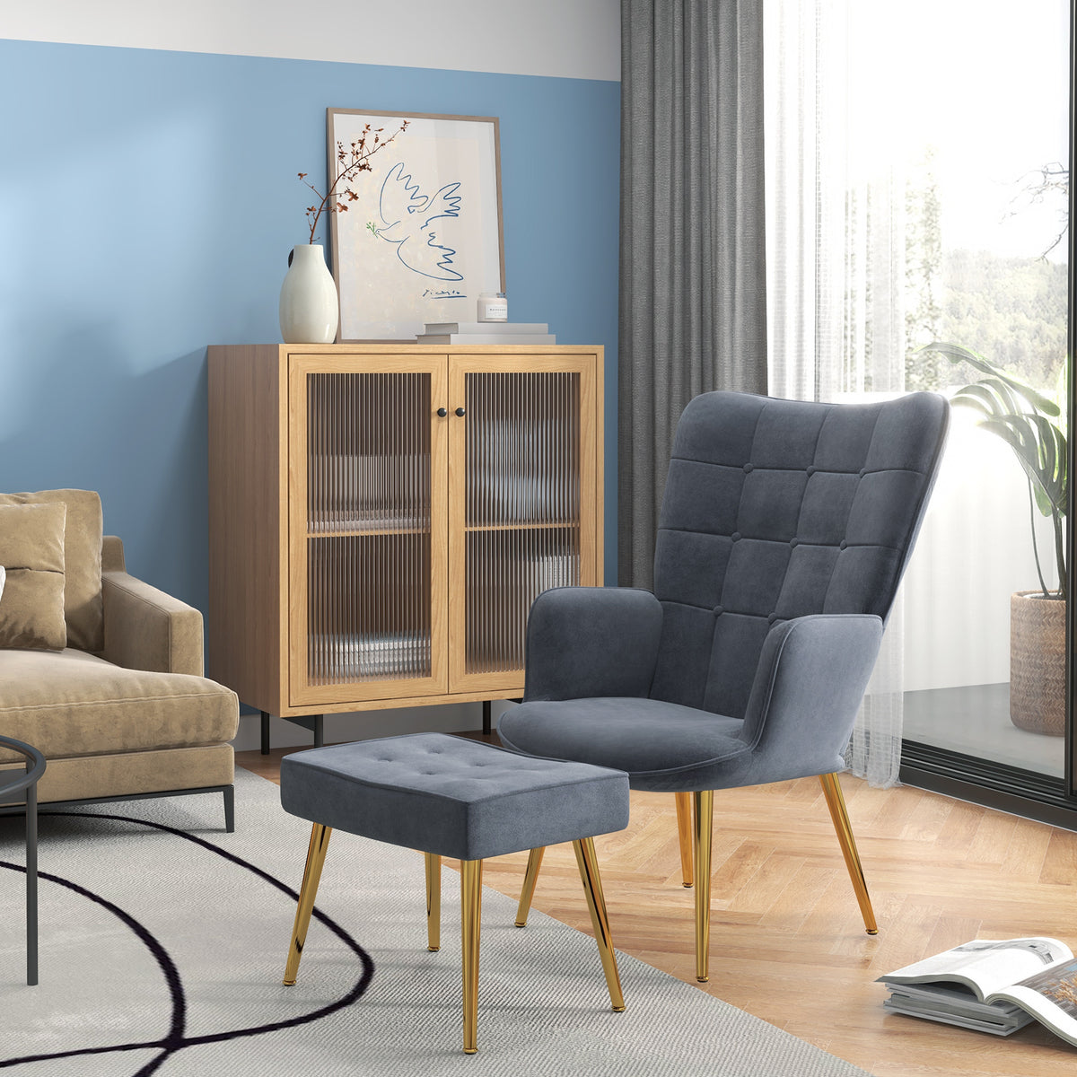 Fauteuil avec repose-pied, fauteuil salon capitonné avec dossier haut, pieds en acier doré et tissu velours, gris foncé-1