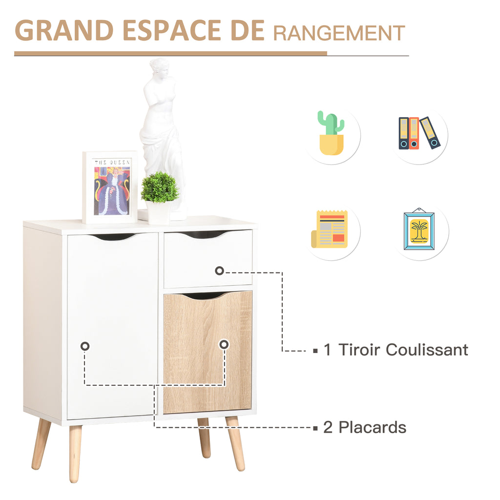 Buffet Meuble de Rangement Design scandinave 2 placards tiroir Coulissant Bois Blanc chêne Clair-3