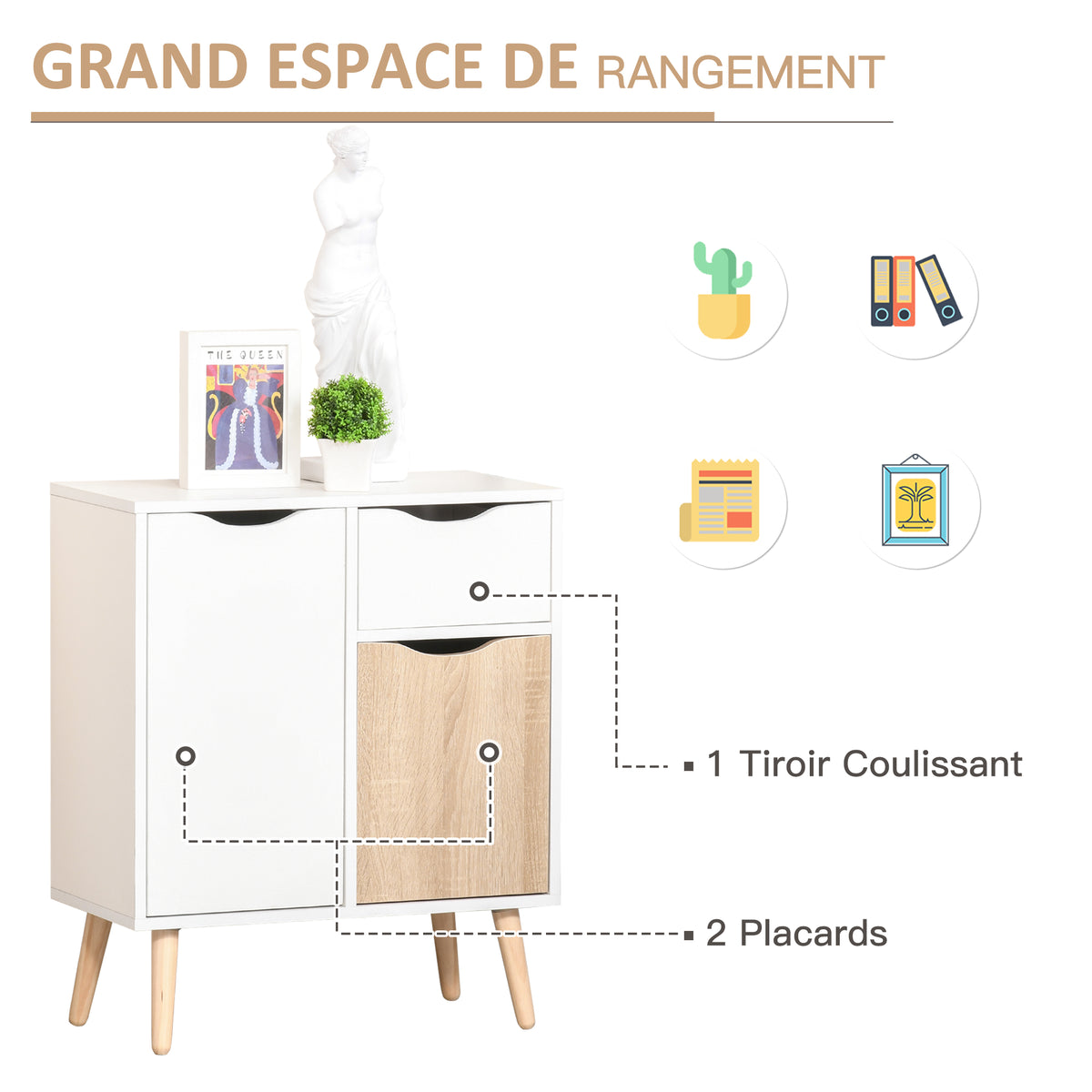 Buffet Meuble de Rangement Design scandinave 2 placards tiroir Coulissant Bois Blanc chêne Clair-3