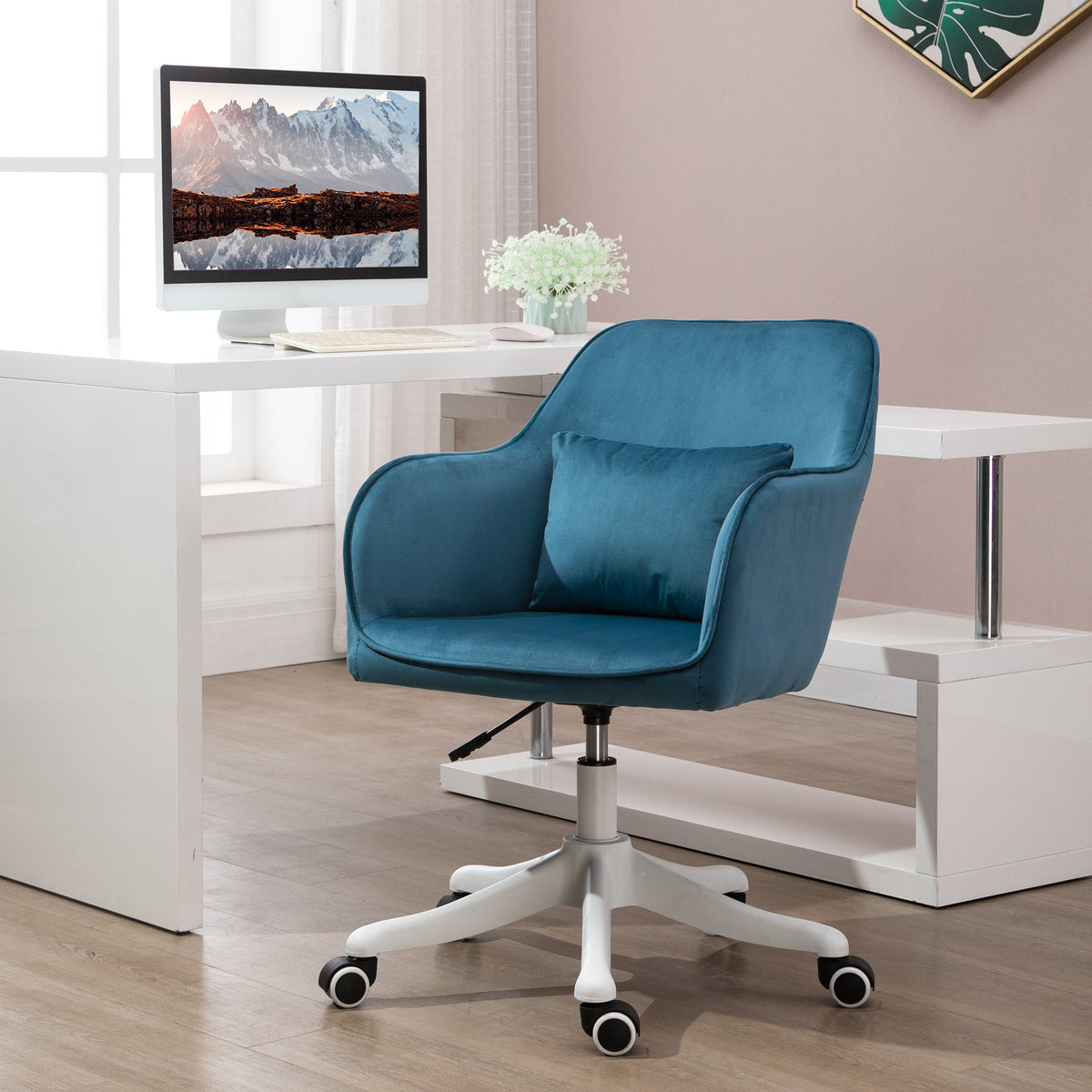 Chaise de bureau velours fauteuil bureau massant coussin lombaire intégré hauteur réglable pivotante 360° bleu-9