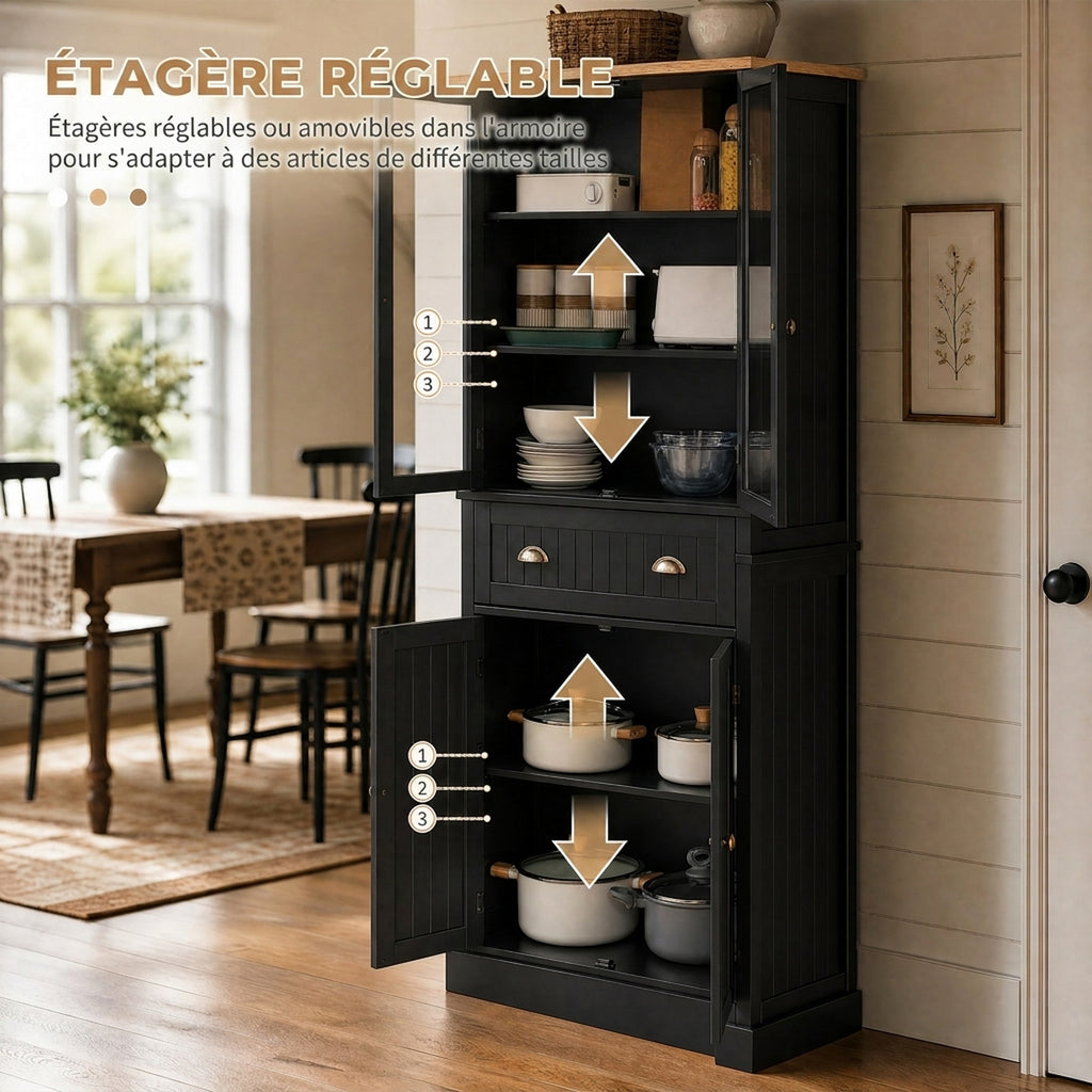 Buffet meuble cuisine rangement armoire de cuisine 4 portes dont 2 portes vitrées et 1 tiroir étagères réglables - noir-4