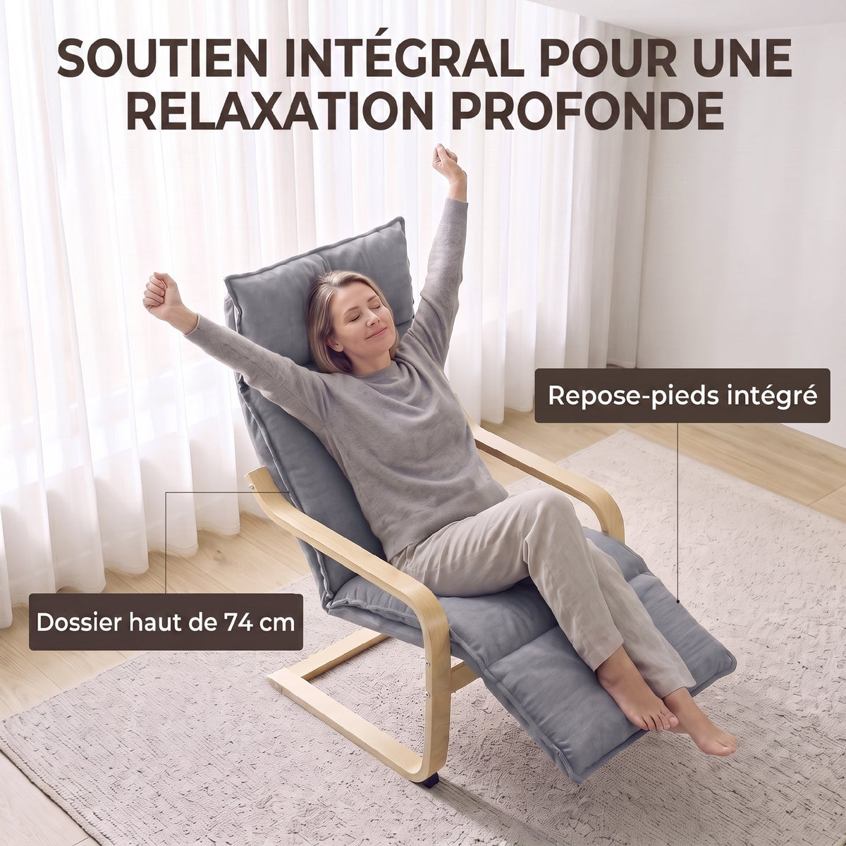 Fauteuil Salon, Fauteuil d'Appoint Rembourré en Lin avec Repose-Pieds, Assise Large, Bascule Douce, Dossier Haut, Gris-6