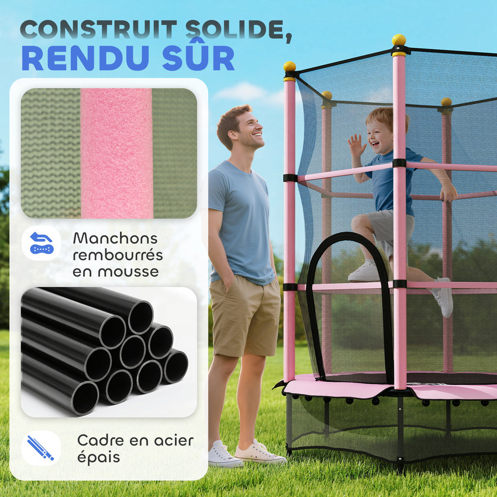 Trampoline Enfant Ø 1,40 × 1,90H m Filet de sécurité Porte zipée Couvre-Ressorts 6 poteaux rembourrés Inclus Rose-3