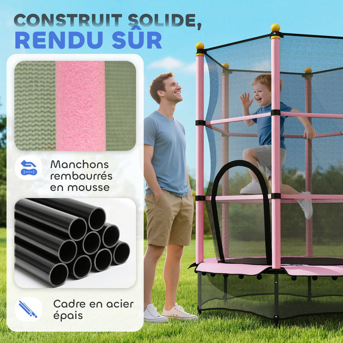 Trampoline Enfant Ø 1,40 × 1,90H m Filet de sécurité Porte zipée Couvre-Ressorts 6 poteaux rembourrés Inclus Rose-3