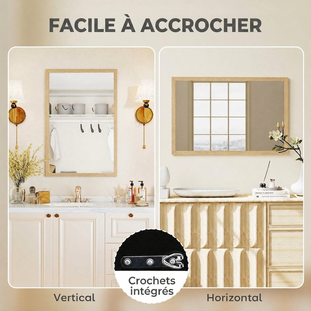 Miroir mural rectangulaire 60 x 40 cm, cadre en bois naturel, idéal pour la salle de bain, salon ou chambre-4