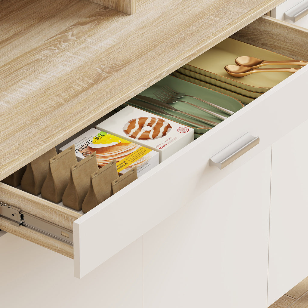 Buffet haut cuisine, armoire de cuisine, 6 portes, tiroir et étagères ouvertes, 120x40x175cm, blanc et bois naturel-8