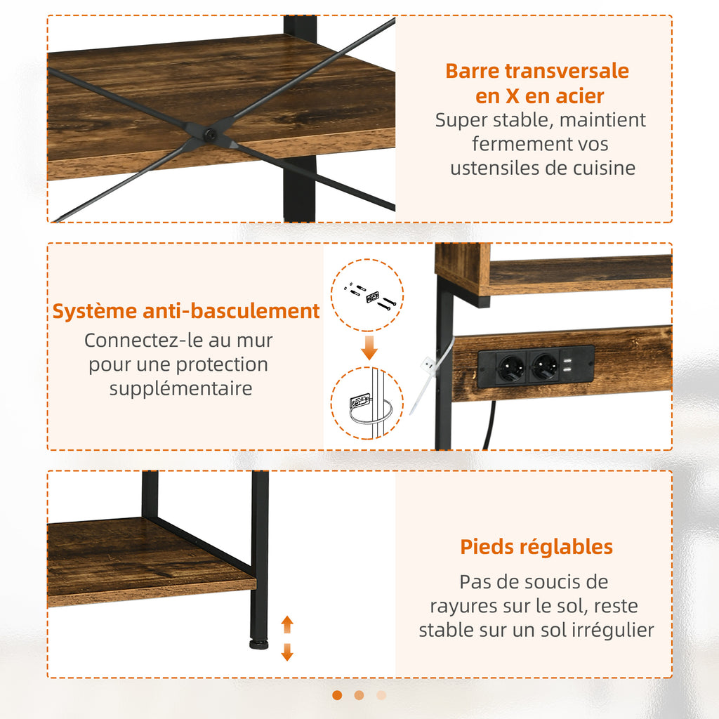 Étagère de cuisine support pour micro-ondes avec 2 chargeurs USB et 2 prise de courant, 5 crochets et étagère réglable-6