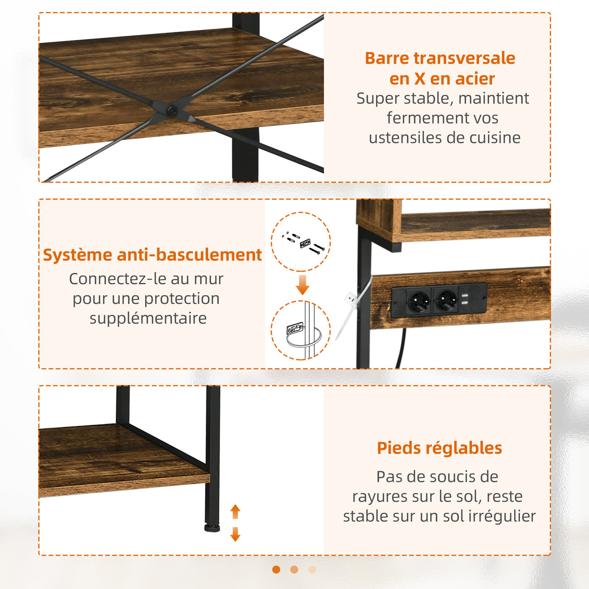 Étagère de cuisine support pour micro-ondes avec 2 chargeurs USB et 2 prise de courant, 5 crochets et étagère réglable-6
