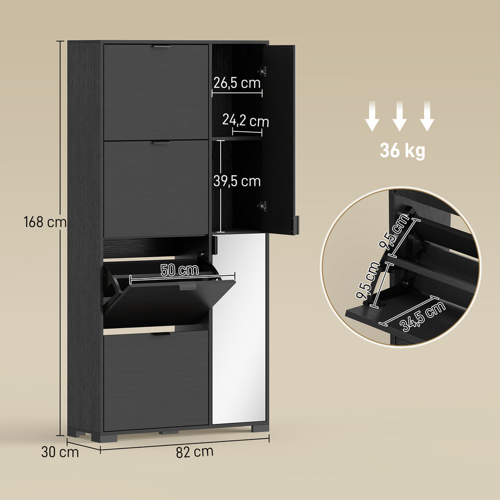 Meuble à chaussures 16 paires armoire à chaussures 4 tiroirs rabattables 2 portes en miroir étagères réglables noir-2