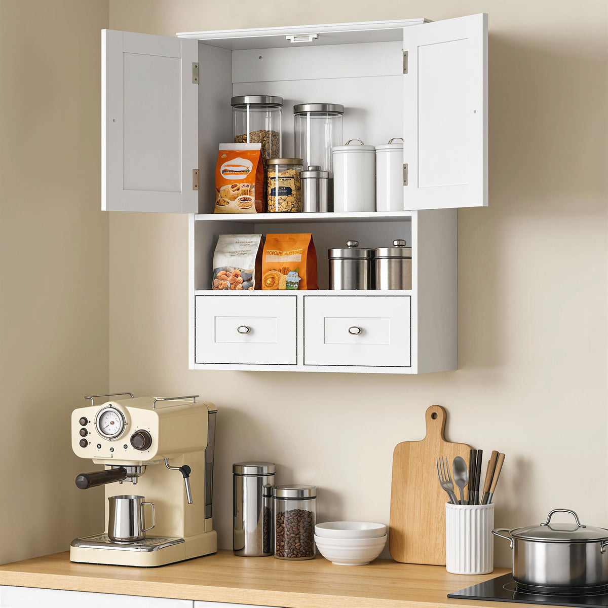 Armoire murale de salle de bain, armoire de toilette, avec portes, étagère, 2 tiroirs, 50,8l x 17,8P x 66H cm, blanc-8