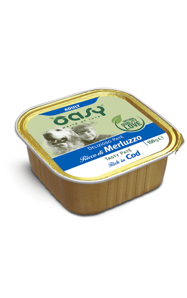 OASY DOG ADULT DELIZIOSO PATE' RICCO DI MERLUZZO 150 GR.
