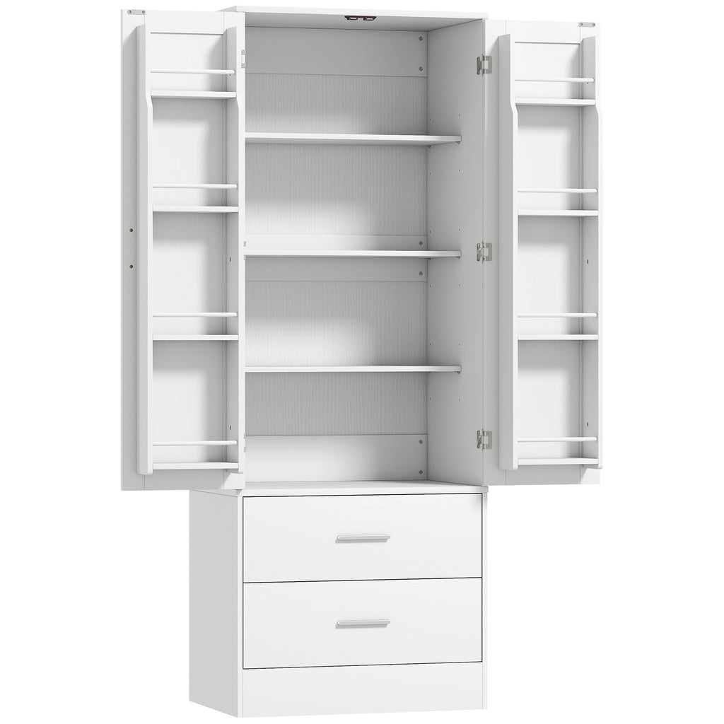 Buffet haut cuisine, armoire de cuisine, 2 portes, 8 porte-épices, 2 tiroirs, étagères réglables, 60x40x159cm, blanc-0