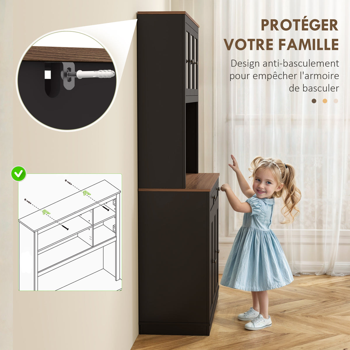 Buffet haut cuisine, armoire de cuisine, 6 portes, 2 tiroirs, plan de travail, étagères réglables, 100x40x180cm, noir-5