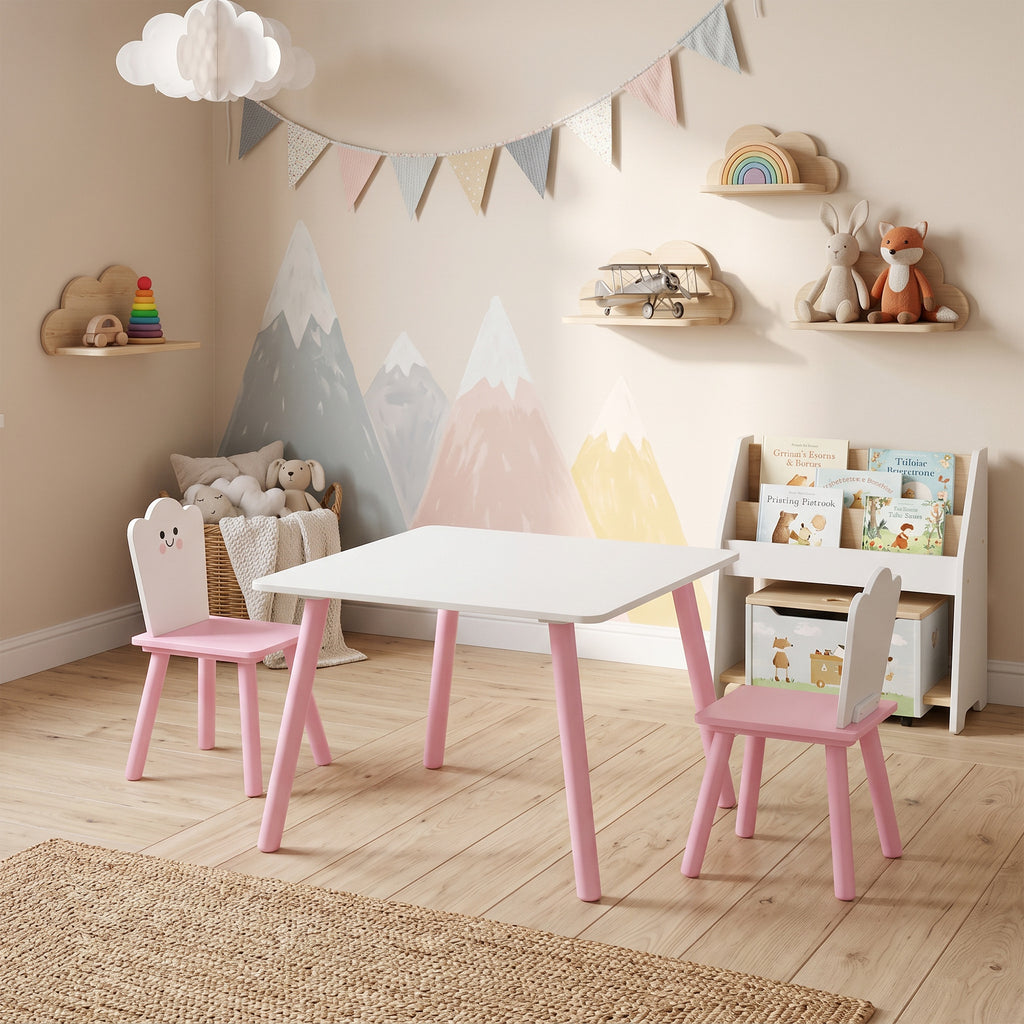 Table enfant avec chaise, ensemble table et 2 chaises en bois pour dessiner, jouer, étudier, rose-1
