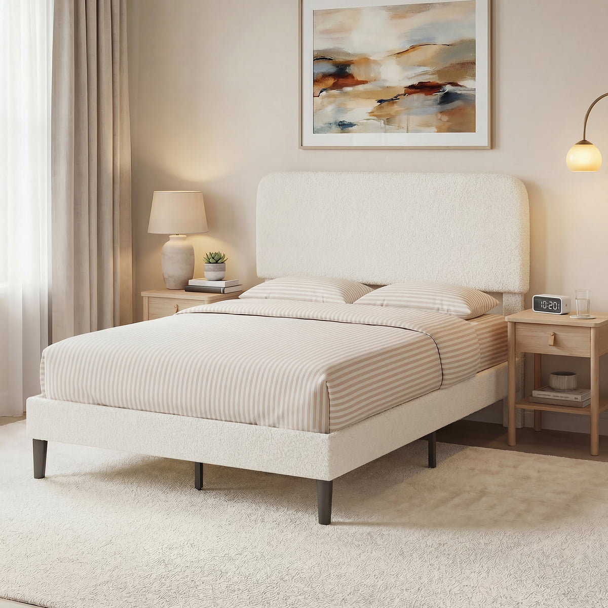 Cadre de Lit 140x190cm avec Sommier, Tête de Lit Réglable, Lit Double Rembourré en Velours Teddy, Lattes en Métal, Blanc-7