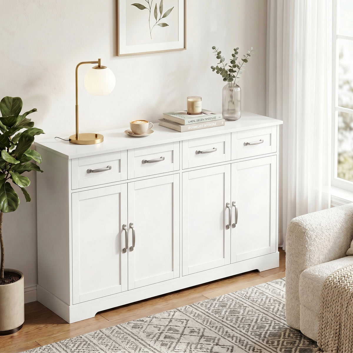Buffet Cuisine avec Tiroirs, Portes, Étagères Réglables, Style Shaker, Dispositif Anti-Basculement, 140x38x80cm, Blanc-8