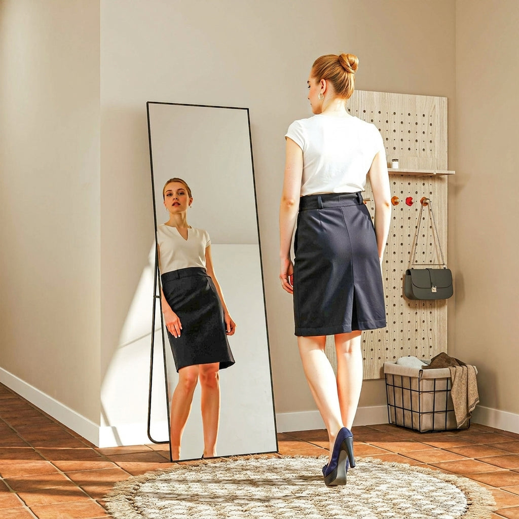 Grand miroir pleine longueur rectangulaire, 50 x 160 cm, miroir sur pied, mural ou pocé contre mur, noir-6