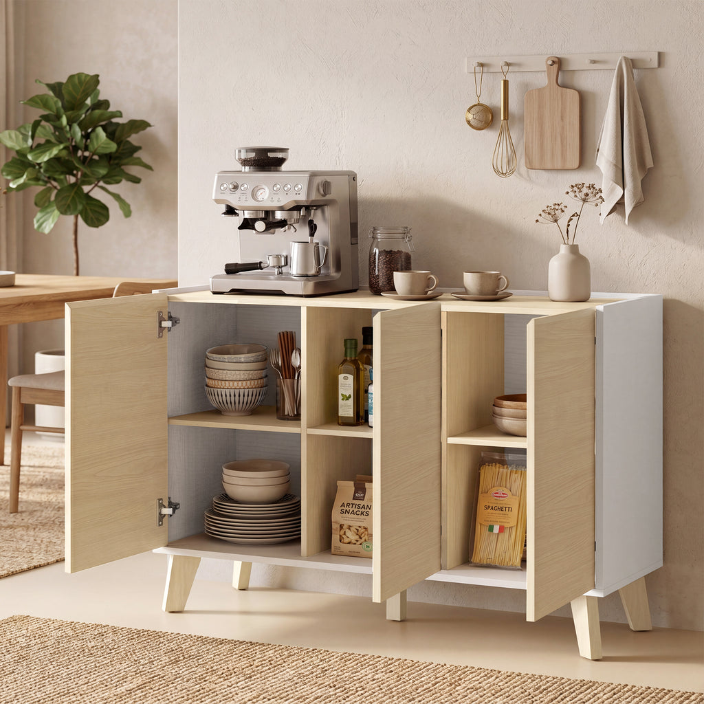 Buffet cuisine, meuble de rangement nordique, 3 portes à fermeture douce, 6 compartiments, bois naturel et blanc-1