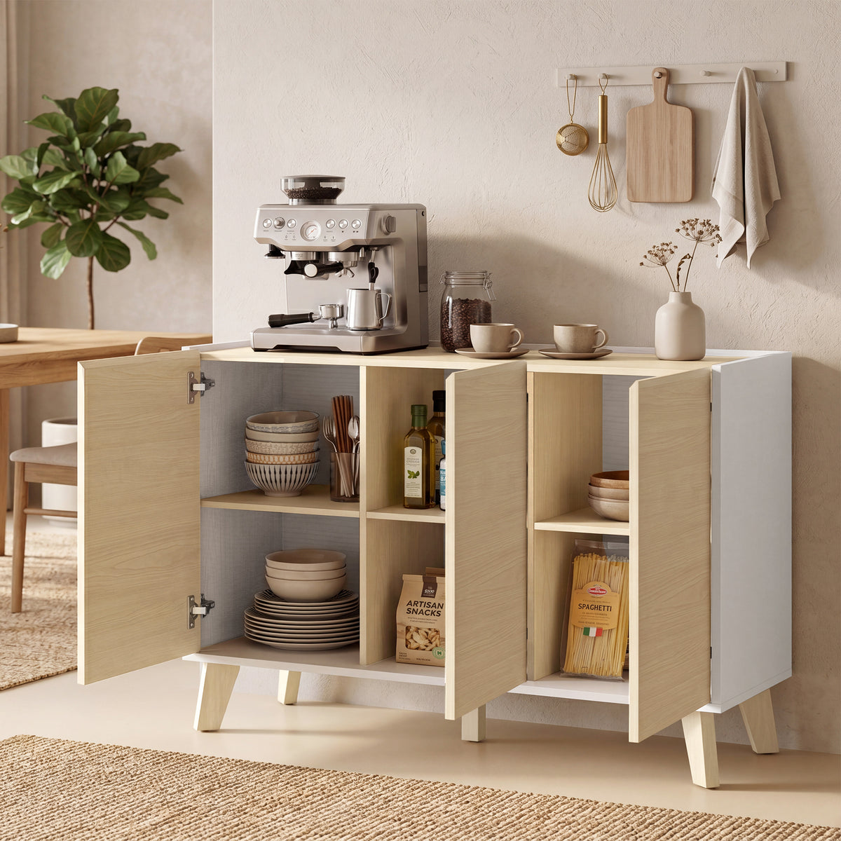 Buffet cuisine, meuble de rangement nordique, 3 portes à fermeture douce, 6 compartiments, bois naturel et blanc-1