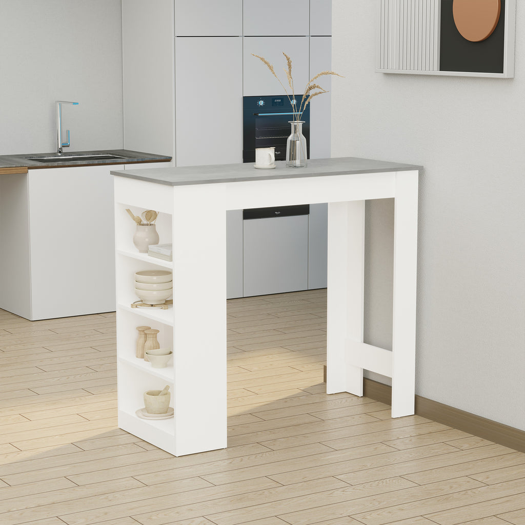 Table de bar pour 2 personnes, table haute mange debout avec 4 étagères ouvertes, 115x50x102,7cm, blanc et gris-9