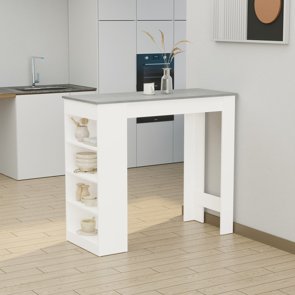 Table de bar pour 2 personnes, table haute mange debout avec 4 étagères ouvertes, 115x50x102,7cm, blanc et gris-9