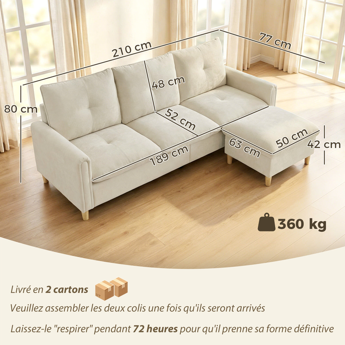 Canapé 3 places avec pouf de rangement, canapé d'angle modulable 210 cm, assise large, tissu aspect lin, crème-2