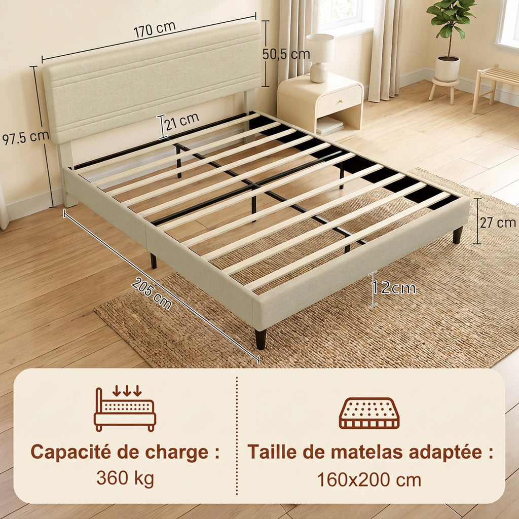 Cadre de Lit 160 x 200 cm avec Sommier en Bois, Rembourré en Effet Lin, Cadre en Acier, 9 Pieds Robustes, Beige-2