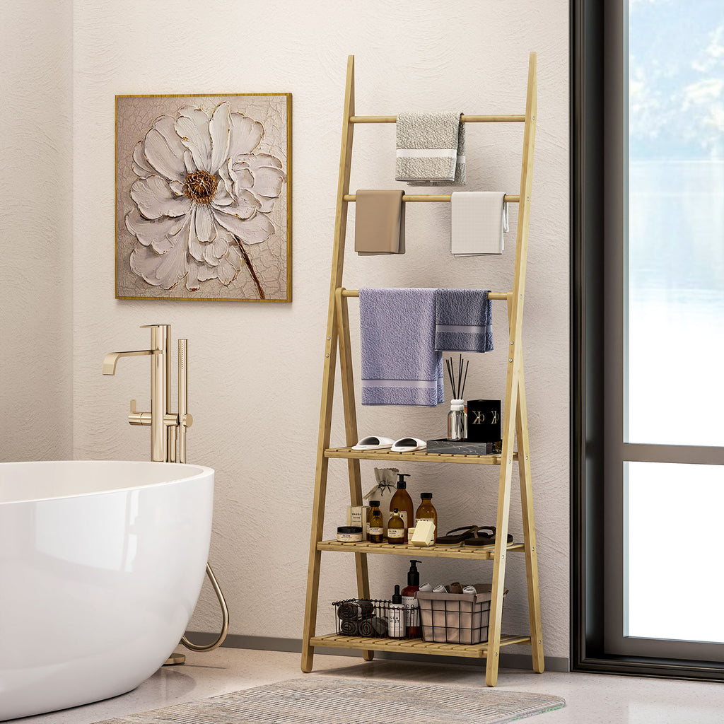 Étagère salle de bain en bambou pliable 3 niveaux étagère à échelle porte-serviettes 53,5x30x153cm effet bois naturel-9