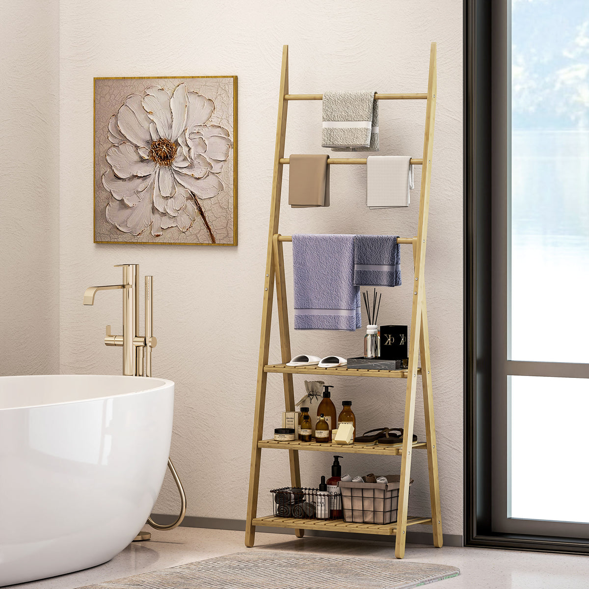 Étagère salle de bain en bambou pliable 3 niveaux étagère à échelle porte-serviettes 53,5x30x153cm effet bois naturel-9