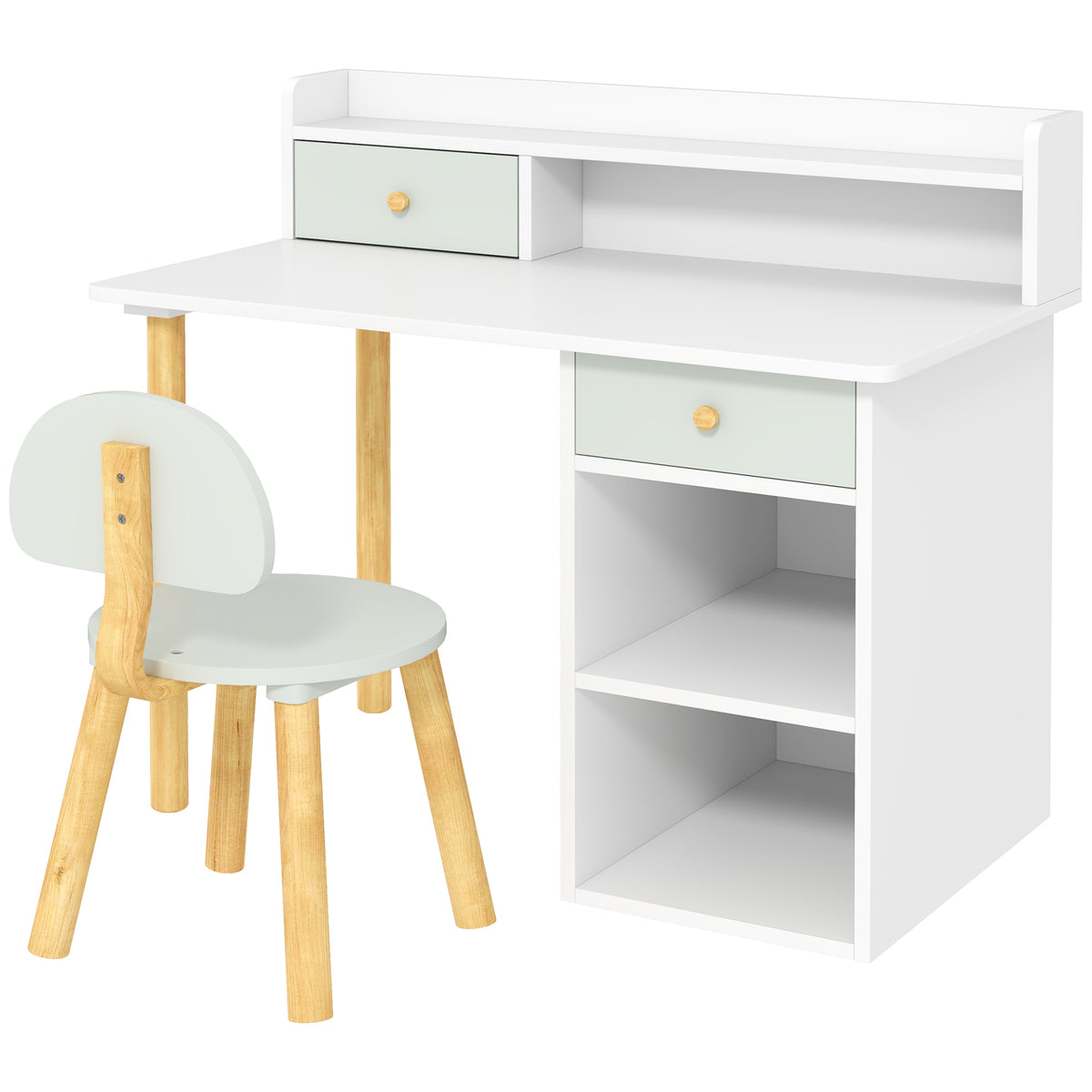 Bureau enfant avec chaise, table enfant et chaise avec 2 tiroirs et étagères ouvertes, 85 x 48 x 73 cm, vert-0
