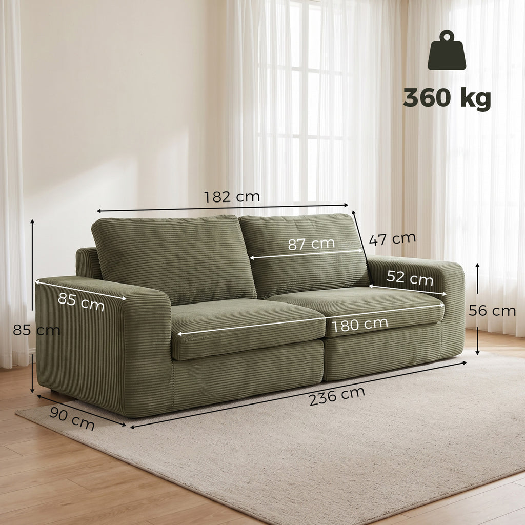 Canapé 3 Places en Velours Côtelé, Canapé de Salon Compressé Moderne 236 cm avec Coussin à Ressorts, Vert-2