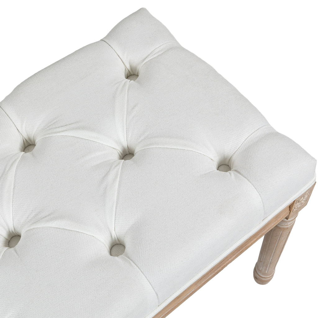 Banc bout de lit banquette capitonnée style vintage français revêtement tissu aspect lin pieds en bois massif crème-7