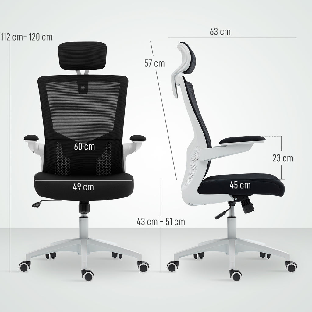 Chaise bureau ergonomique, fauteuil de bureau, accoudoirs relevables, soutien lombaire, appui-tête, 60x63x120cm, noir-2