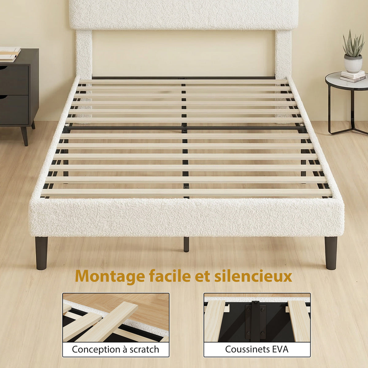 Cadre de Lit 140x190cm avec Sommier, Tête de Lit Réglable, Lit Double Rembourré en Velours Teddy, Lattes en Métal, Blanc-6