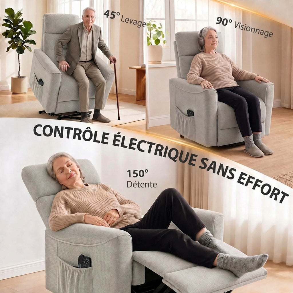 Fauteuil Releveur Électrique Massage Vibration et Chaleur, Fauteuil Relax Électrique, Dossier Inclinable, Chenille, Gris-3