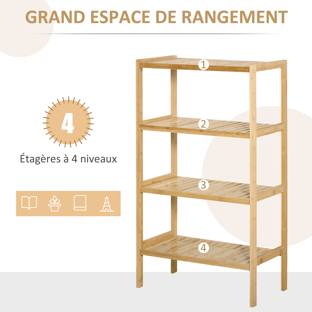 Étagère de rangement, étagère en bambou à 4 niveaux, bibliothèque pour salon, chambre et bureau,62 x 33 x 112 cm, bois naturel-5