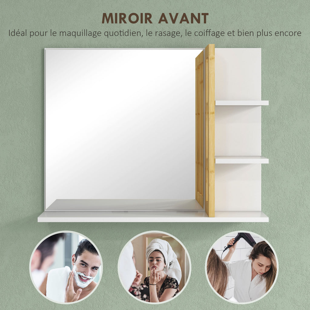 Miroir mural de salle de bain avec 3 étagères latérales 1 étagère inférieure en bambou 45 x 15 x 58,5 cm blanc-4