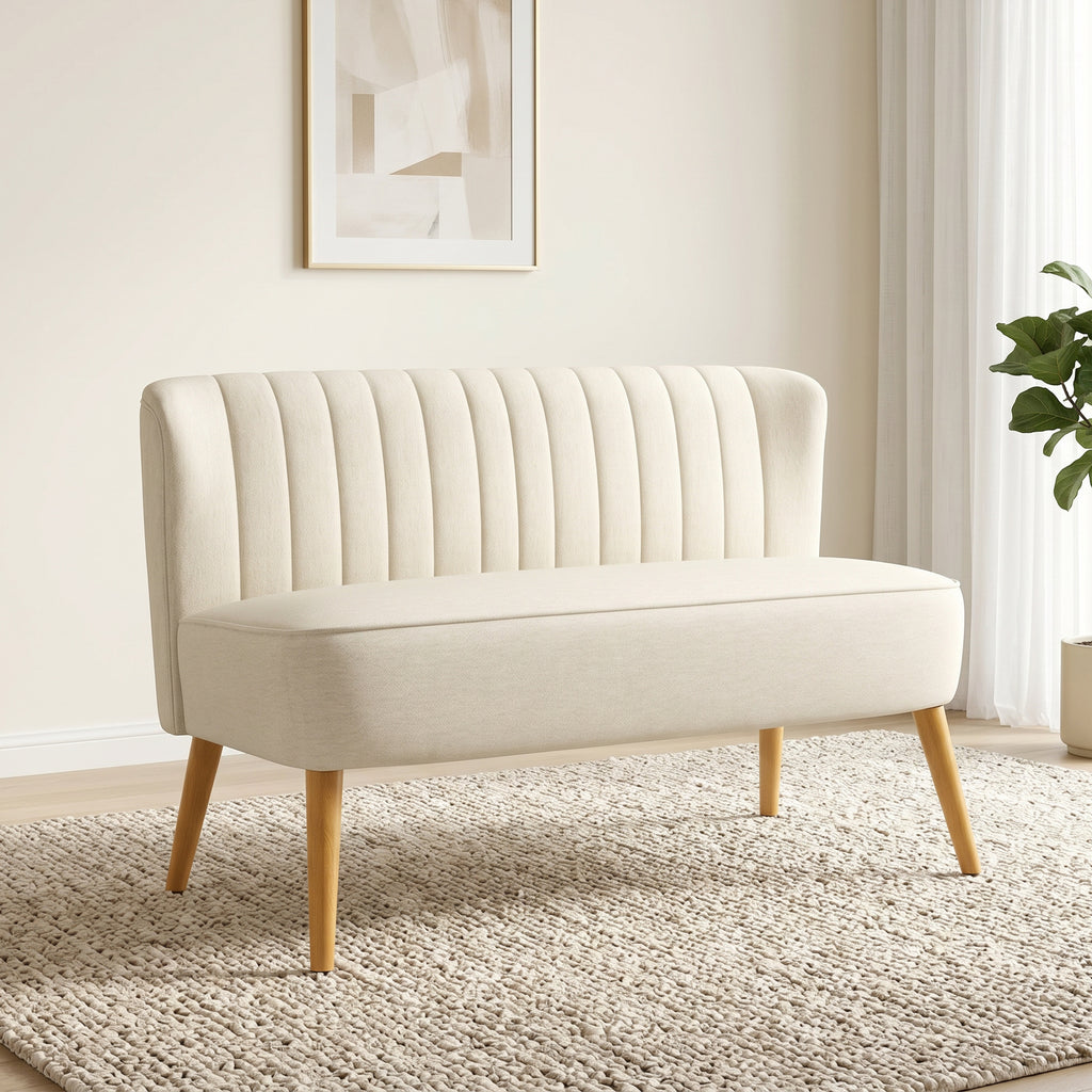Canapé 2 places, canapé de salon en tissu aspect lin, assise rembourrée et pieds en bois d'hévéa, 117x56,5x77cm, crème-9