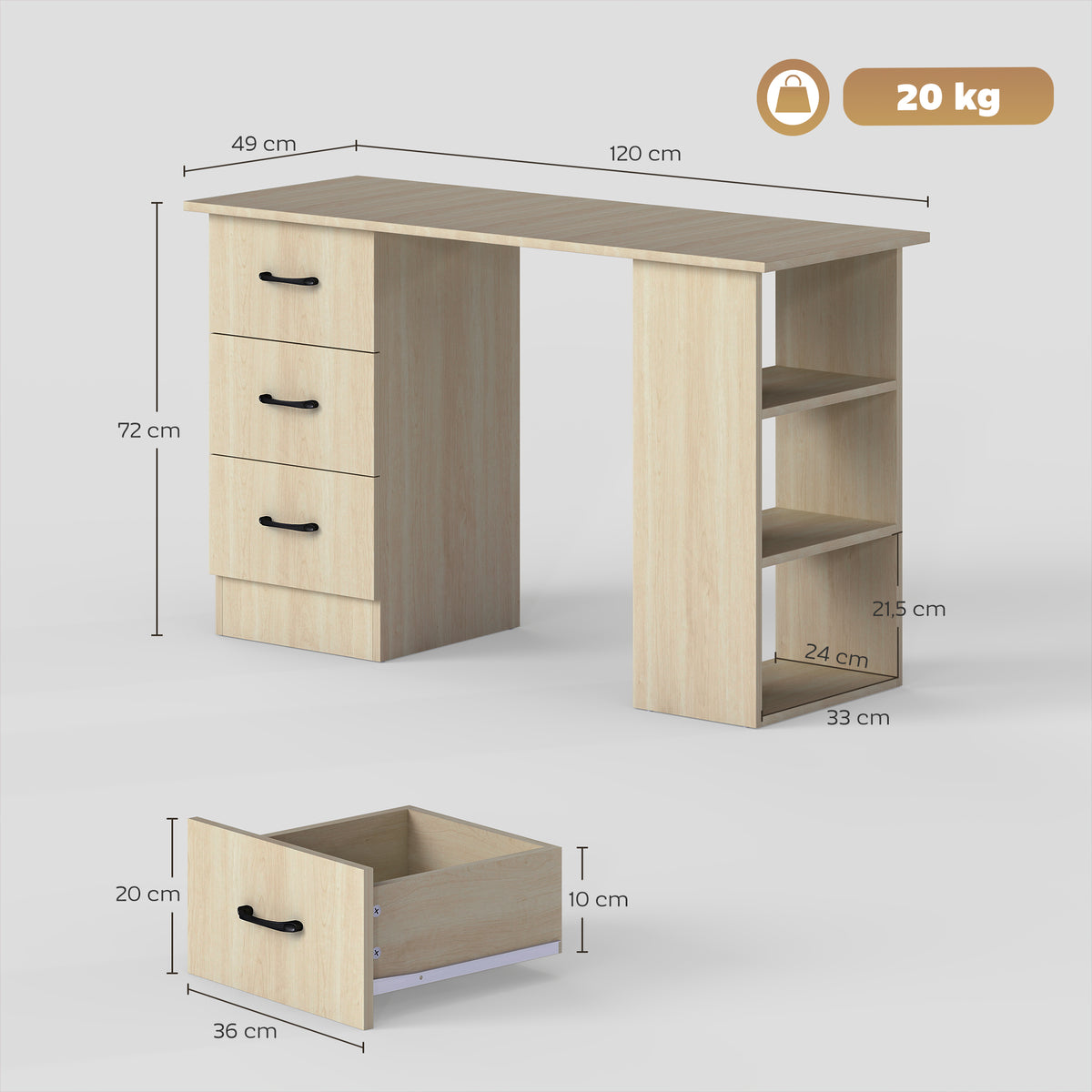 Bureau 120 x 50 cm avec étagères et tiroirs, pour petit espace, bureau à domicile, chambre à coucher, couleur bois-2