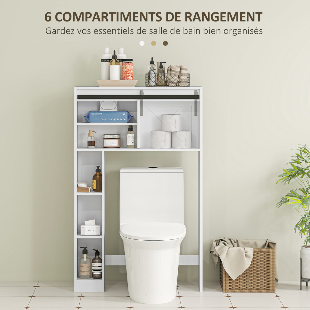 Meuble de rangement au-dessus des toilettes avec porte coulissante, Meuble étagère dessus WC, étagère réglable, blanc-4