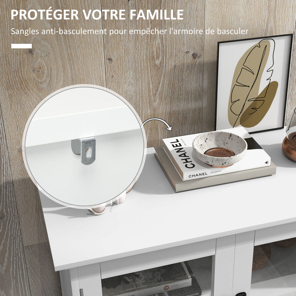Buffet de cuisine armoire multi-rangements 2 placards, portes en verre, 4 étagères en bois blanc-6