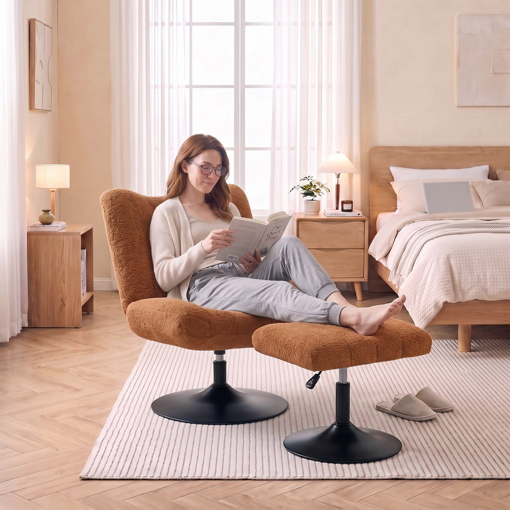 Fauteuil de Salon avec Repose-Pied Réglable, Fauteuil d'Appoint Capitonné en Velours Effet Motifs Gouttes d'Eau, Marron-9