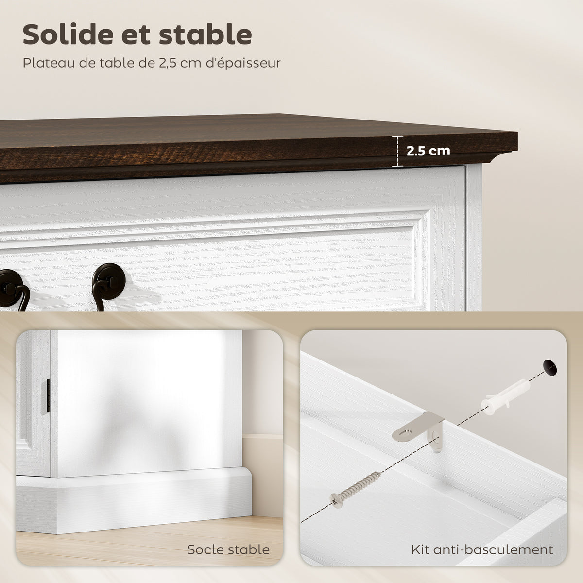 Buffet salon, meuble de rangement avec 4 portes, 2 tiroirs silencieux, étagères réglables, 140x40x85cm, blanc et marron-5