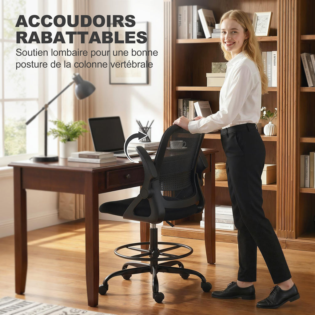 Chaise de bureau en maille, chaise d'ordinateur avec accoudoirs rabattables, hauteur réglable, repose-pieds, noir-6
