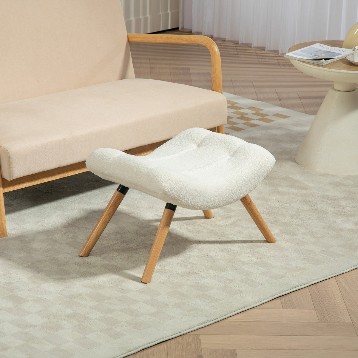 Repose pied salon ottoman pouf salon tabouret de canapé en tissu avec pieds en bois de hêtre, siège rembourré, crème-9